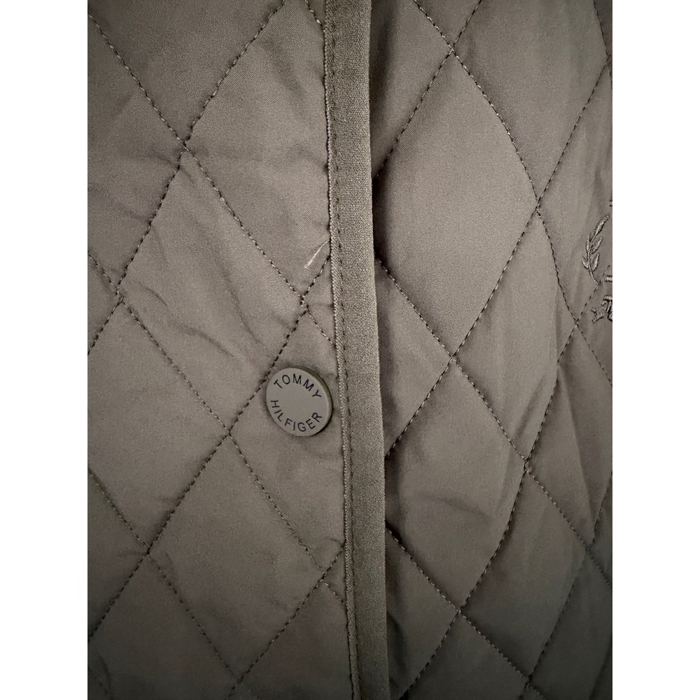 Tommy Hilfiger Womens XL Quilted Snap Front Jacket Taupe Green Crest Logo Coat - Picture 3 of 9